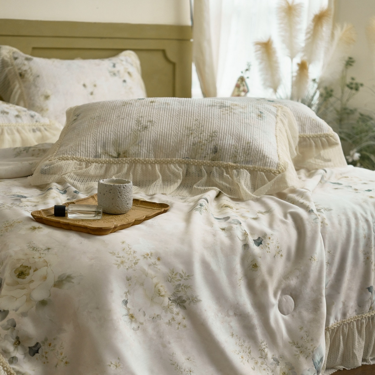 91家纺网 家纺一手货源 找家纺 源舜家纺 2026新款莱赛尔天丝床盖三件套夏被四件套 薇澜