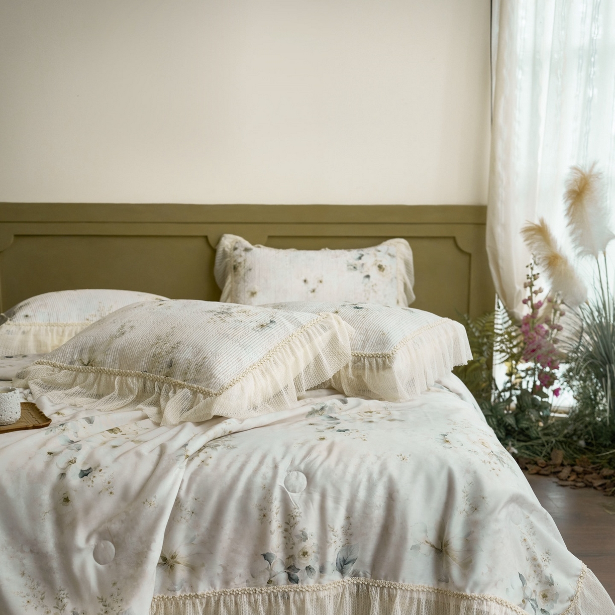 91家纺网 家纺一手货源 找家纺 源舜家纺 2026新款莱赛尔天丝床盖三件套夏被四件套 薇澜