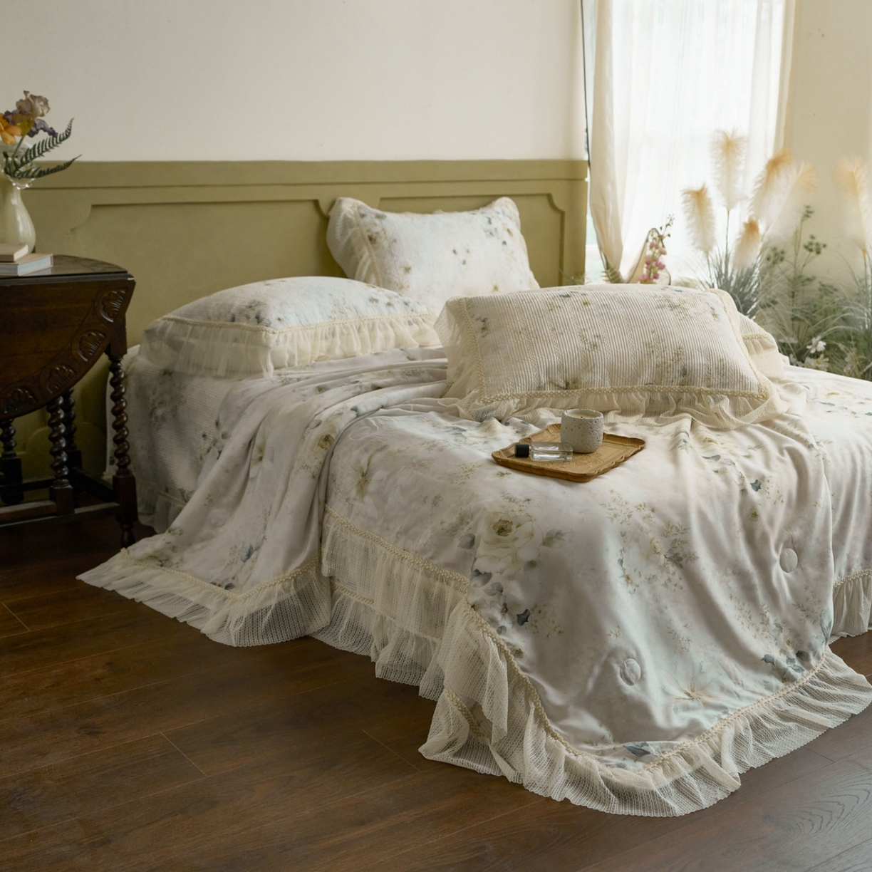 91家纺网 家纺一手货源 找家纺 源舜家纺 2026新款莱赛尔天丝床盖三件套夏被四件套 薇澜