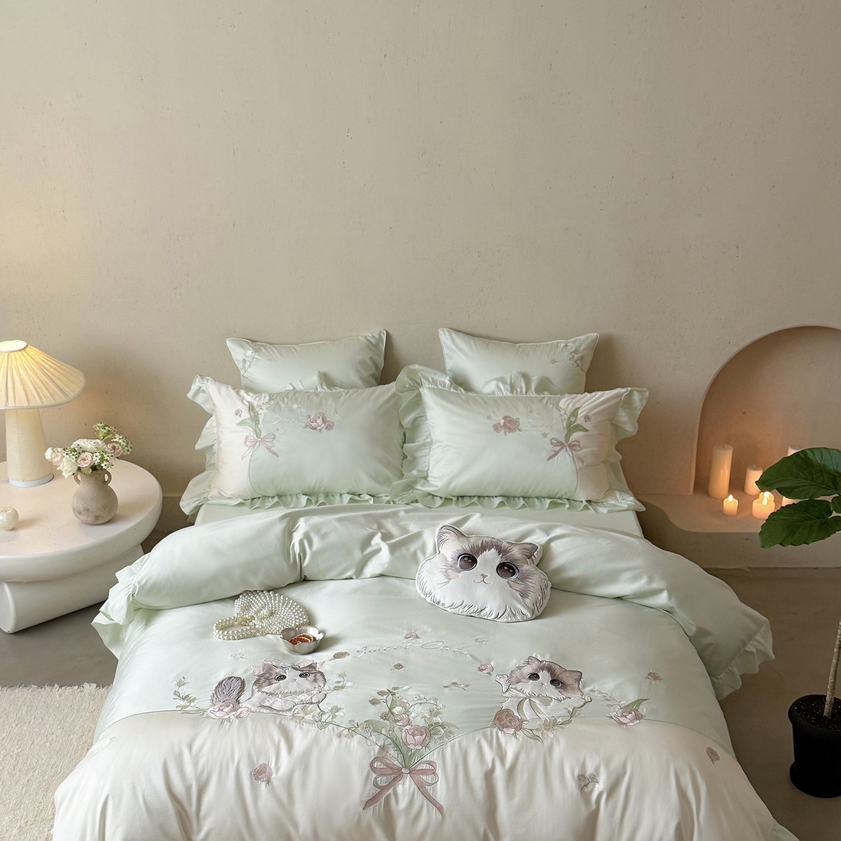 91家纺网 家纺一手货源 找家纺 MIU缪家居 2026新款亲肤舒适100支全棉四件套-铃兰喵（基础控价431，券后控价388） 铃兰喵-铃兰绿