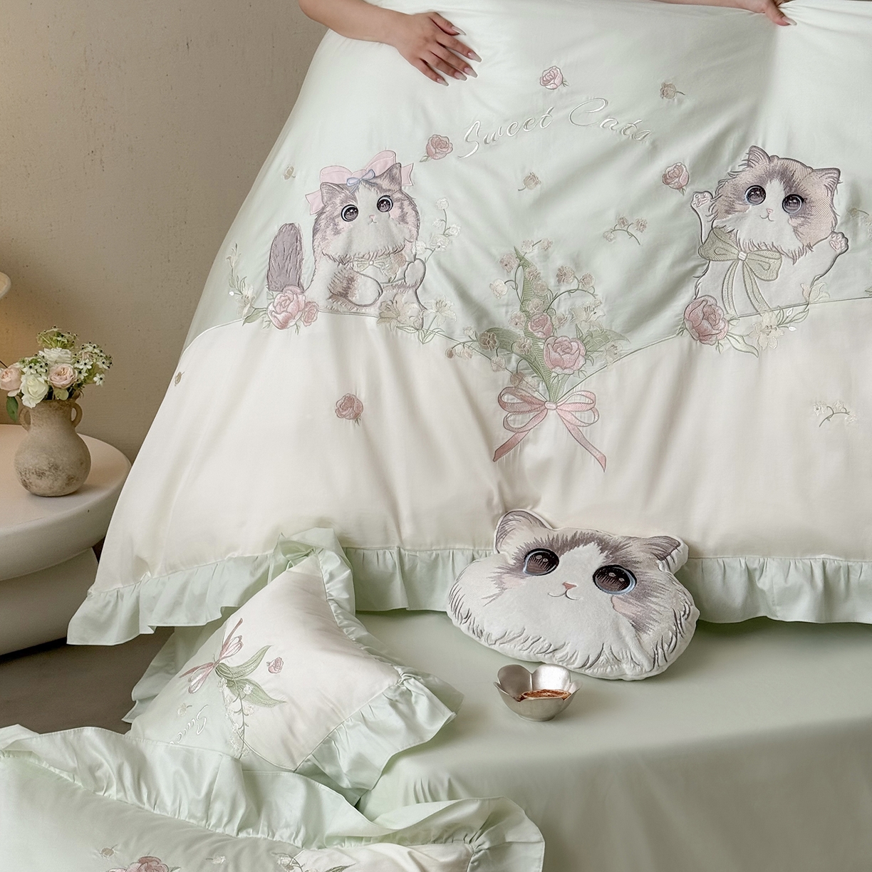 91家纺网 家纺一手货源 找家纺 MIU缪家居 2026新款亲肤舒适100支全棉四件套-铃兰喵（基础控价431，券后控价388） 铃兰喵-铃兰绿