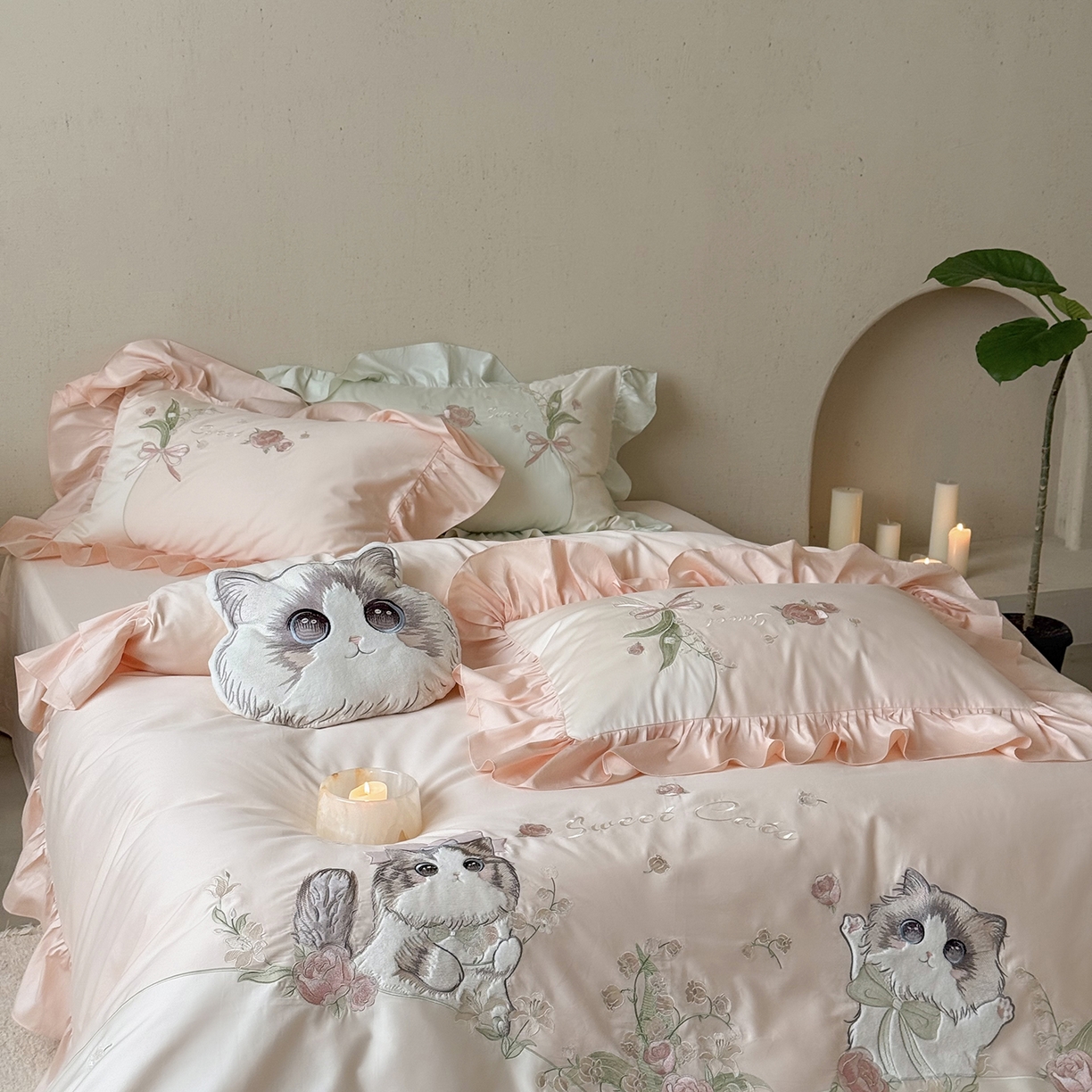 91家纺网 家纺一手货源 找家纺 MIU缪家居 2026新款亲肤舒适100支全棉四件套-铃兰喵（基础控价431，券后控价388） 铃兰喵-布偶粉