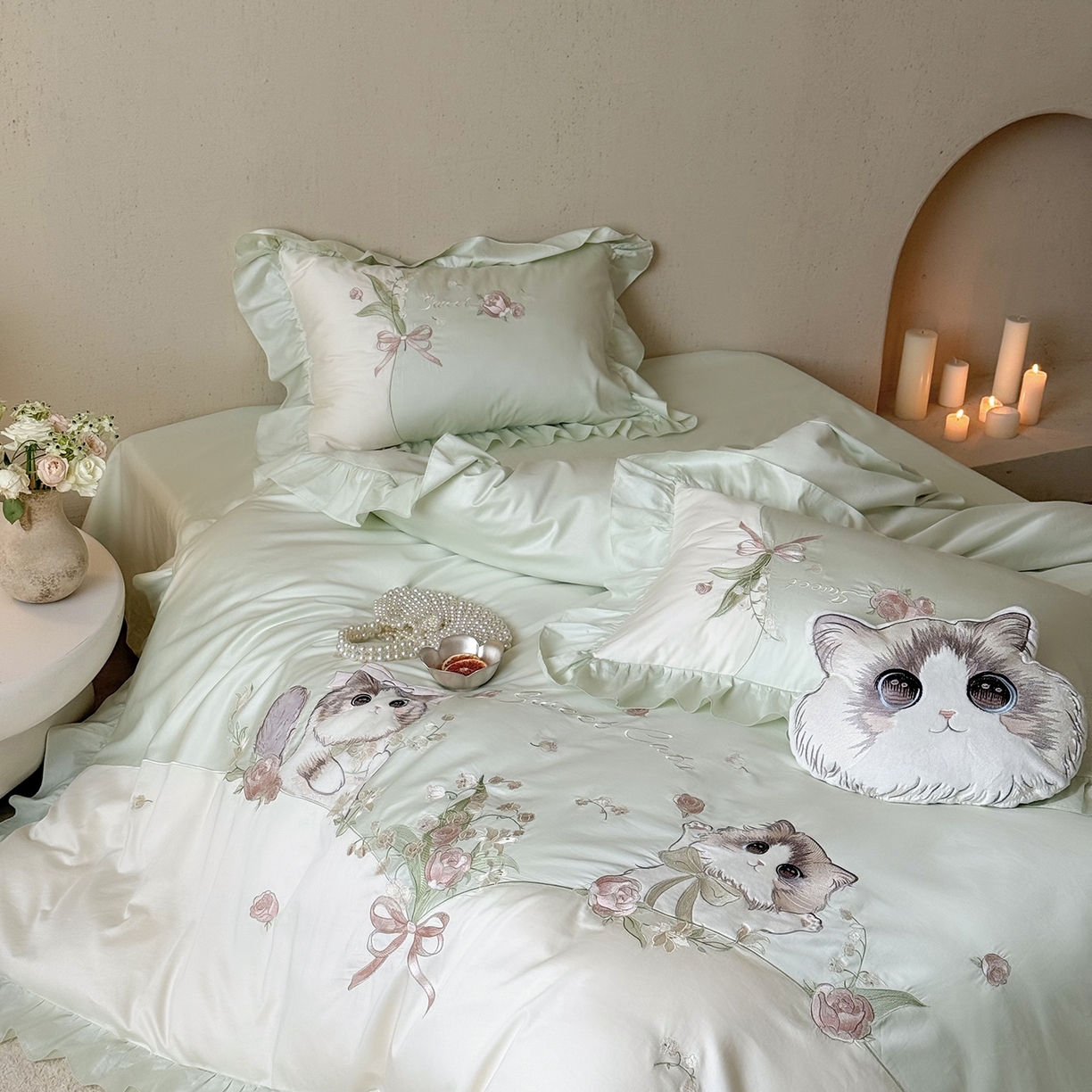 91家纺网 家纺一手货源 找家纺 MIU缪家居 2026新款亲肤舒适100支全棉四件套-铃兰喵（基础控价431，券后控价388） 铃兰喵-铃兰绿