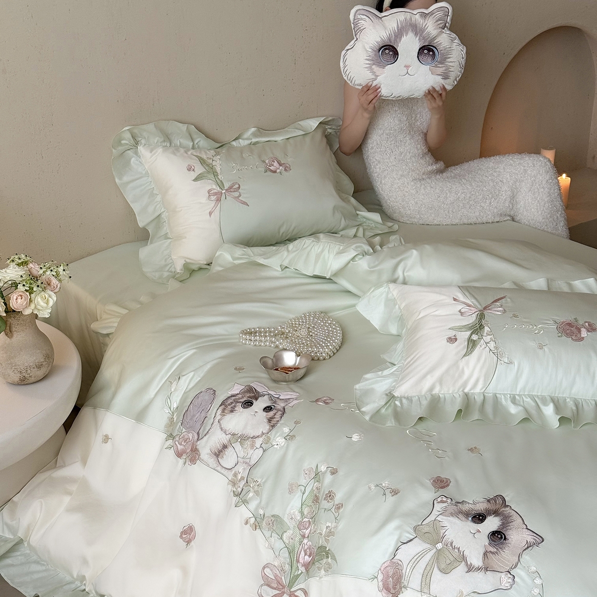 91家纺网 家纺一手货源 找家纺 MIU缪家居 2026新款亲肤舒适100支全棉四件套-铃兰喵（基础控价431，券后控价388） 铃兰喵-铃兰绿