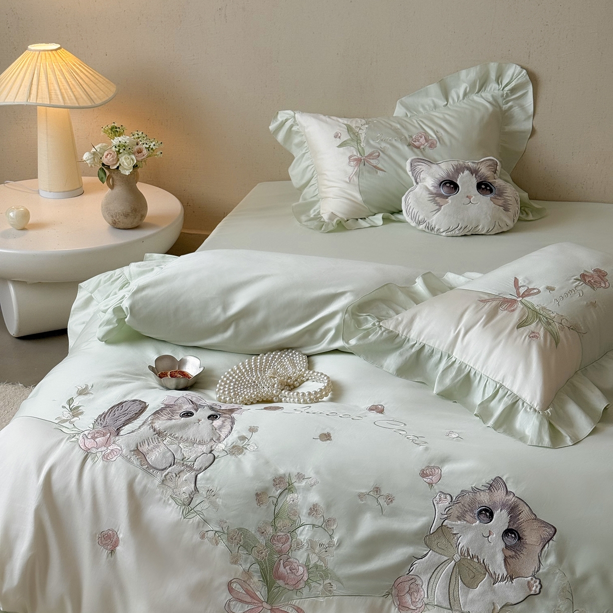 91家纺网 家纺一手货源 找家纺 MIU缪家居 2026新款亲肤舒适100支全棉四件套-铃兰喵（基础控价431，券后控价388） 铃兰喵-铃兰绿