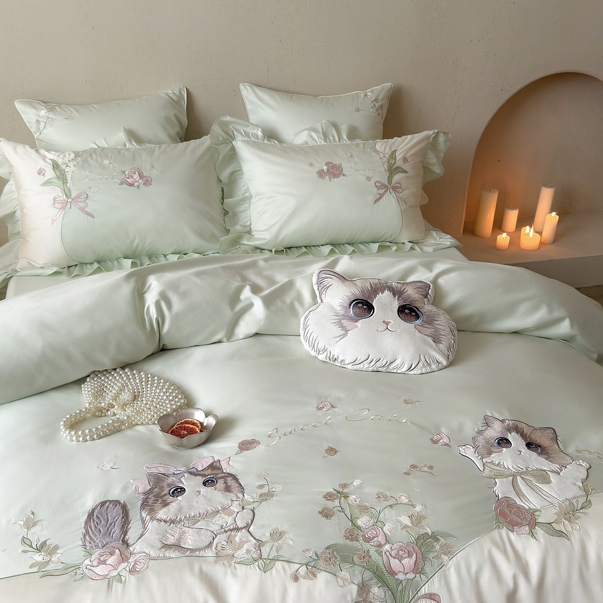 91家纺网 家纺一手货源 找家纺 MIU缪家居 2026新款亲肤舒适100支全棉四件套-铃兰喵（基础控价431，券后控价388） 铃兰喵-铃兰绿