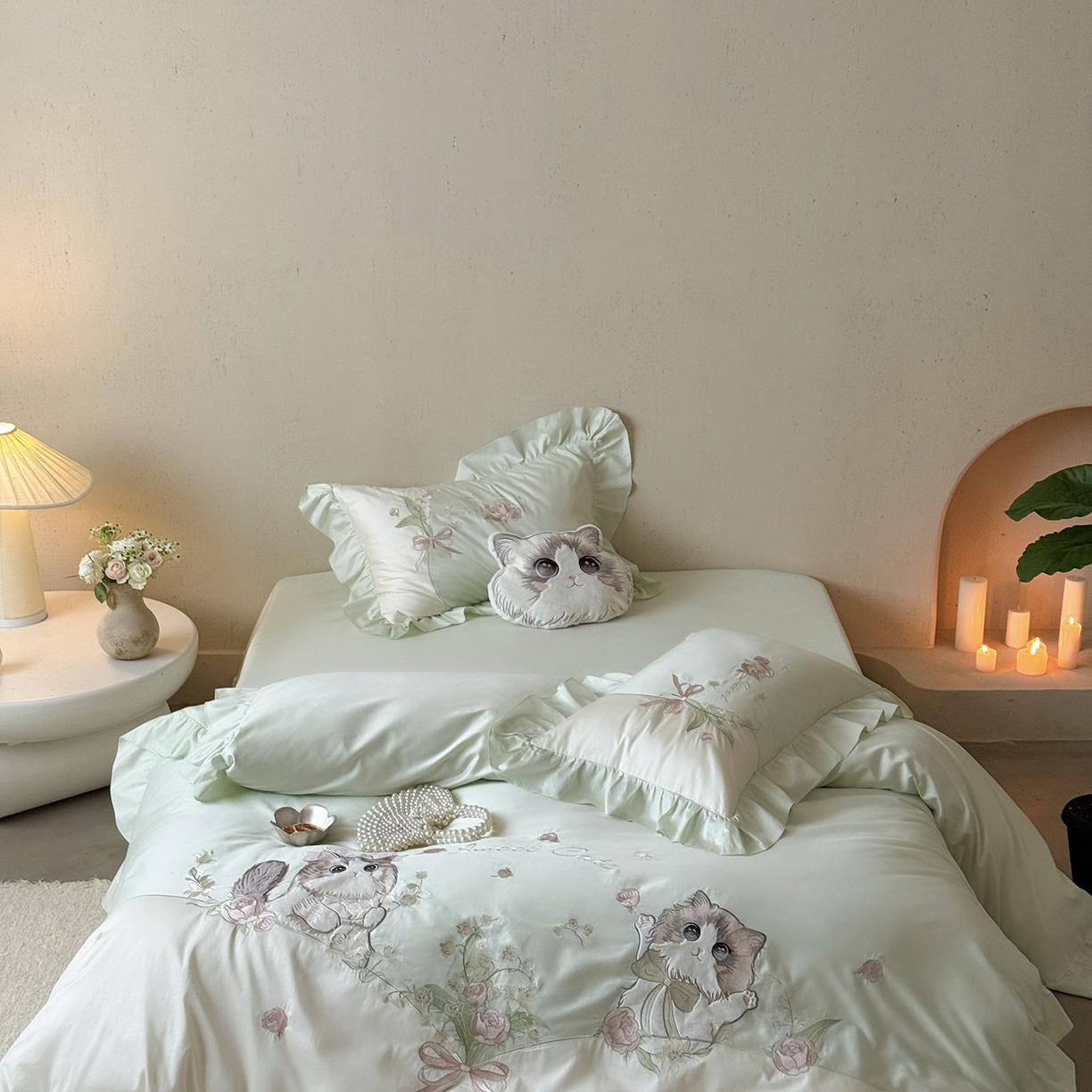 91家纺网 家纺一手货源 找家纺 MIU缪家居 2026新款亲肤舒适100支全棉四件套-铃兰喵（基础控价431，券后控价388） 铃兰喵-铃兰绿