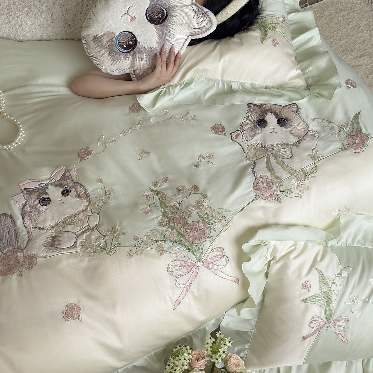 91家纺网 家纺一手货源 找家纺 MIU缪家居 2026新款亲肤舒适100支全棉四件套-铃兰喵（基础控价431，券后控价388） 铃兰喵-铃兰绿