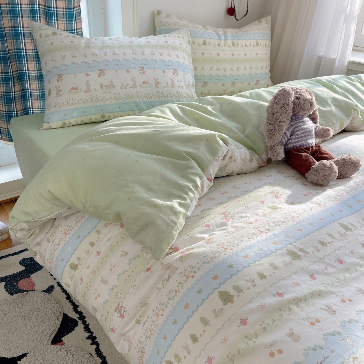 91家纺网 家纺一手货源 找家纺 瑞莱 2026新款ing小清新费尔岛全棉四件套 田园小兔