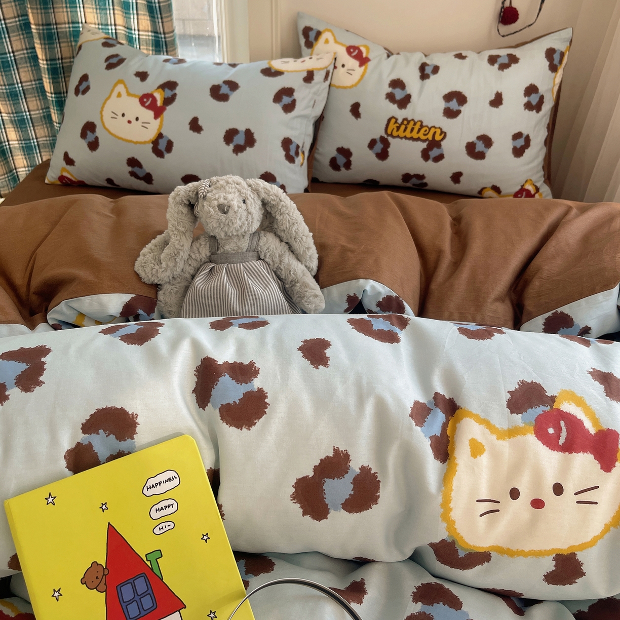 91家纺网 家纺一手货源 找家纺 瑞莱 2026新款ing小清新费尔岛全棉四件套 猫吃鱼（蓝）