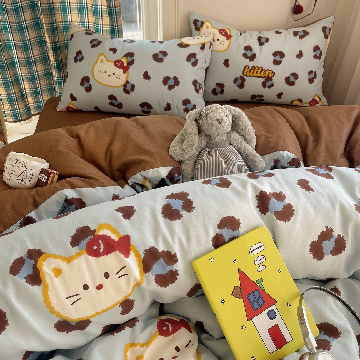 91家纺网 家纺一手货源 找家纺 瑞莱 2026新款ing小清新费尔岛全棉四件套 猫吃鱼（蓝）