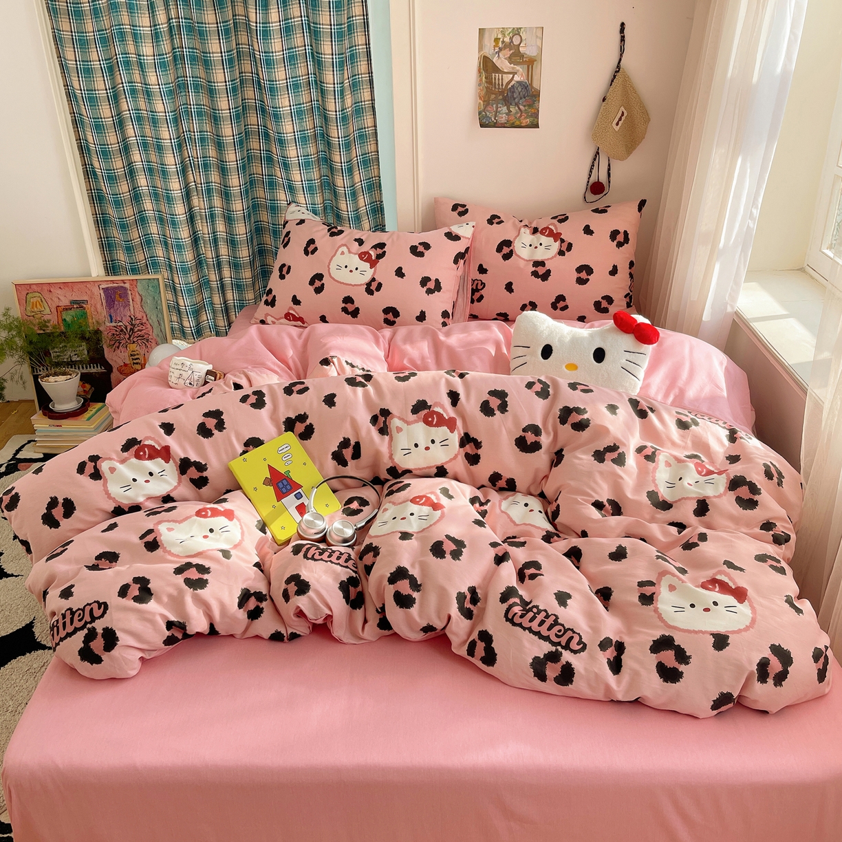 91家纺网 家纺一手货源 找家纺 瑞莱 2026新款ing小清新费尔岛全棉四件套 猫吃鱼（粉）