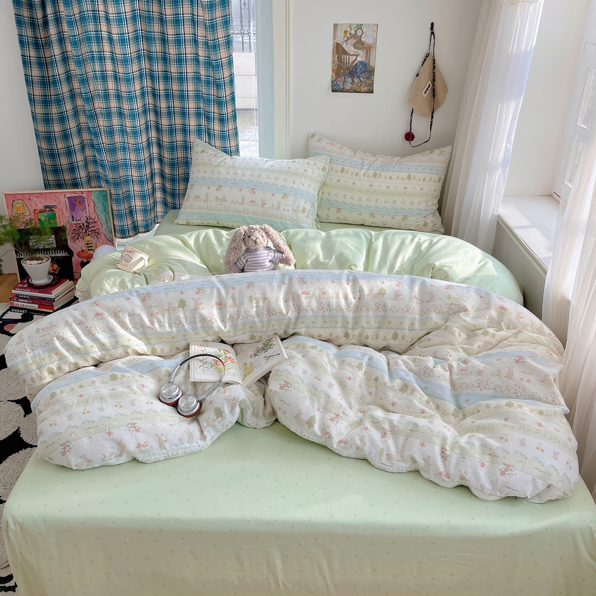 91家纺网 家纺一手货源 找家纺 瑞莱 2026新款ing小清新费尔岛全棉四件套 田园小兔