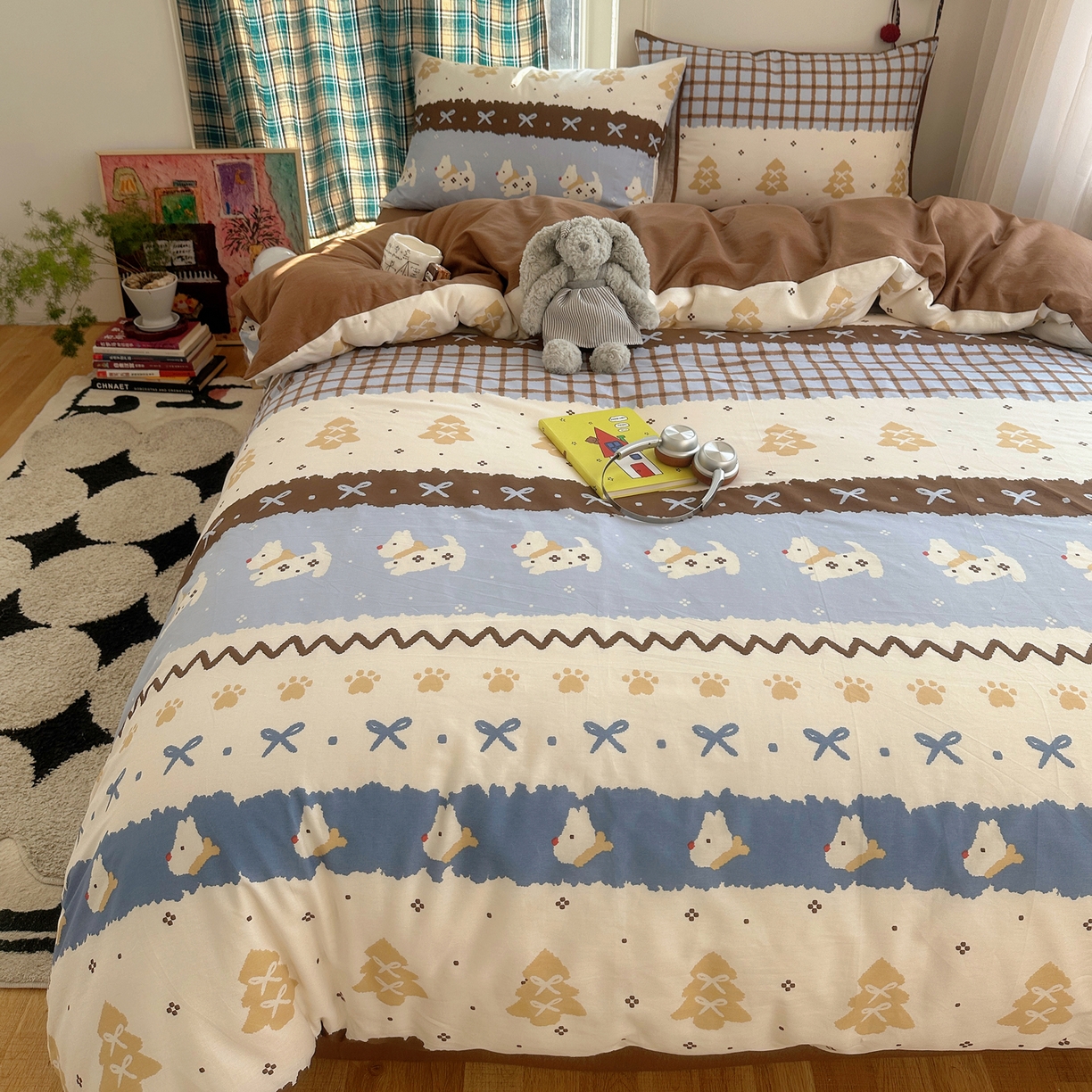 91家纺网 家纺一手货源 找家纺 瑞莱 2026新款ing小清新费尔岛全棉四件套 费尔岛小狗