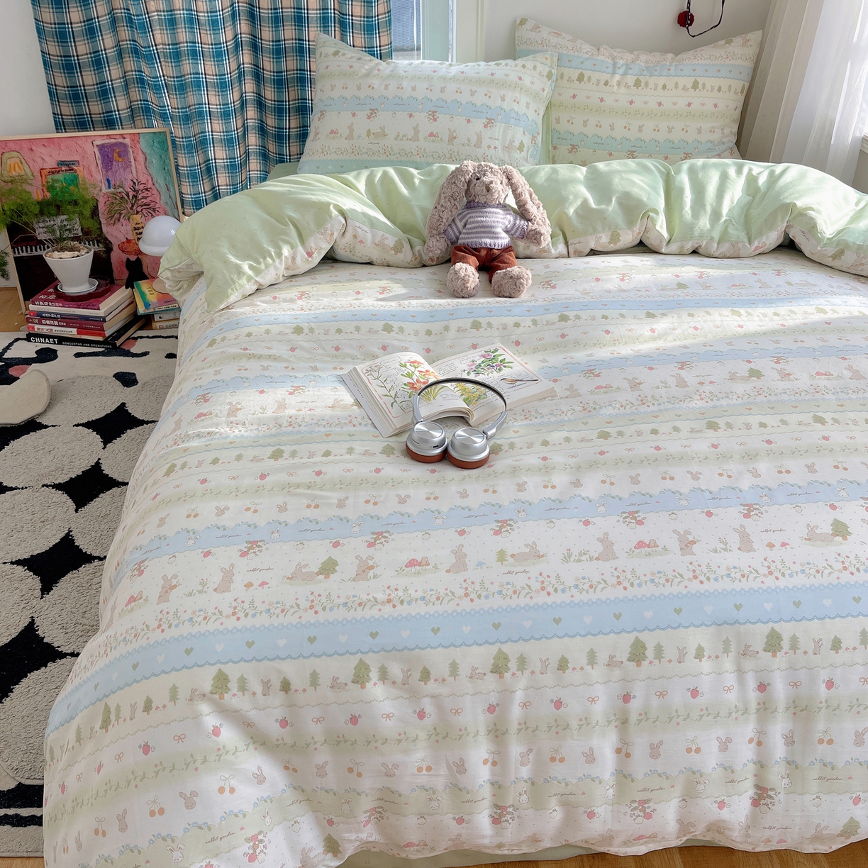 91家纺网 家纺一手货源 找家纺 瑞莱 2026新款ing小清新费尔岛全棉四件套 田园小兔