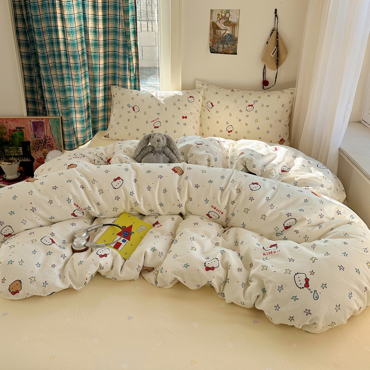 91家纺网 家纺一手货源 找家纺 瑞莱 2026新款ing小清新费尔岛全棉四件套 星星凯蒂猫