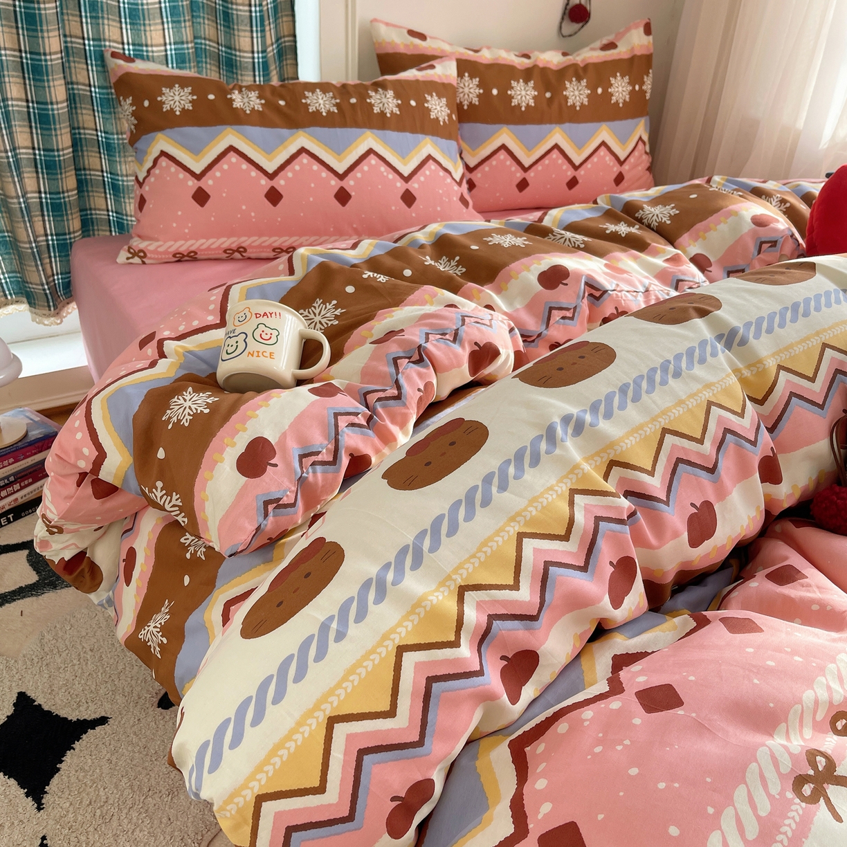 91家纺网 家纺一手货源 找家纺 瑞莱 2026新款ing小清新费尔岛全棉四件套 甜美喵喵