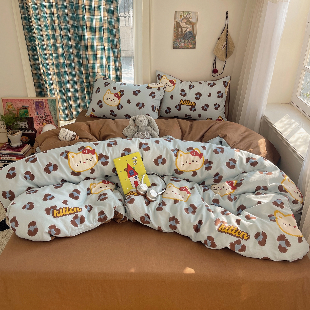 91家纺网 家纺一手货源 找家纺 瑞莱 2026新款ing小清新费尔岛全棉四件套 猫吃鱼（蓝）