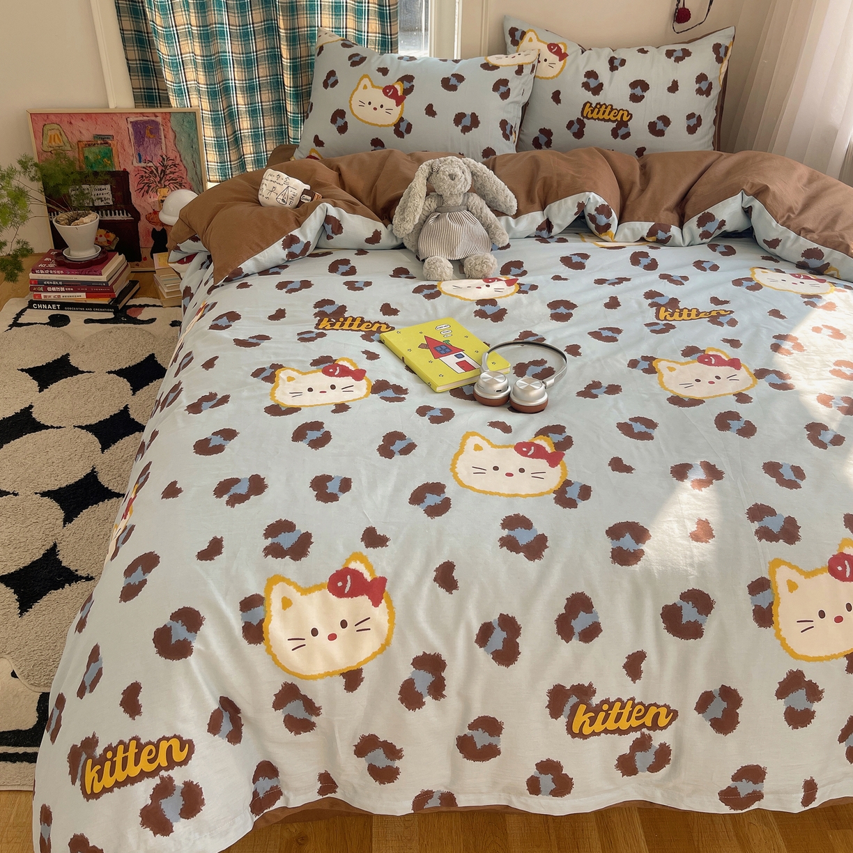 91家纺网 家纺一手货源 找家纺 瑞莱 2026新款ing小清新费尔岛全棉四件套 猫吃鱼（蓝）