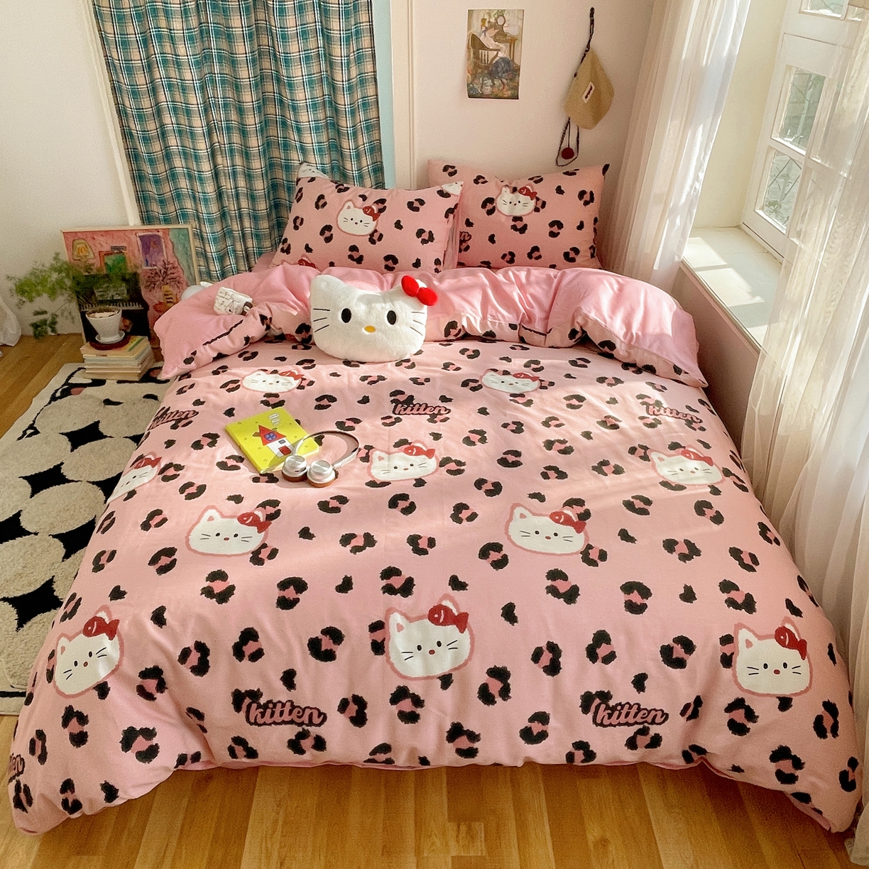 91家纺网 家纺一手货源 找家纺 瑞莱 2026新款ing小清新费尔岛全棉四件套 猫吃鱼（粉）