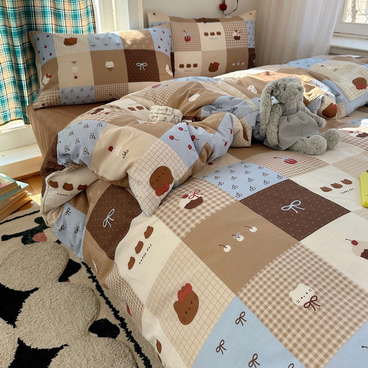 91家纺网 家纺一手货源 找家纺 瑞莱 2026新款ing小清新费尔岛全棉四件套 巧克力猫咪