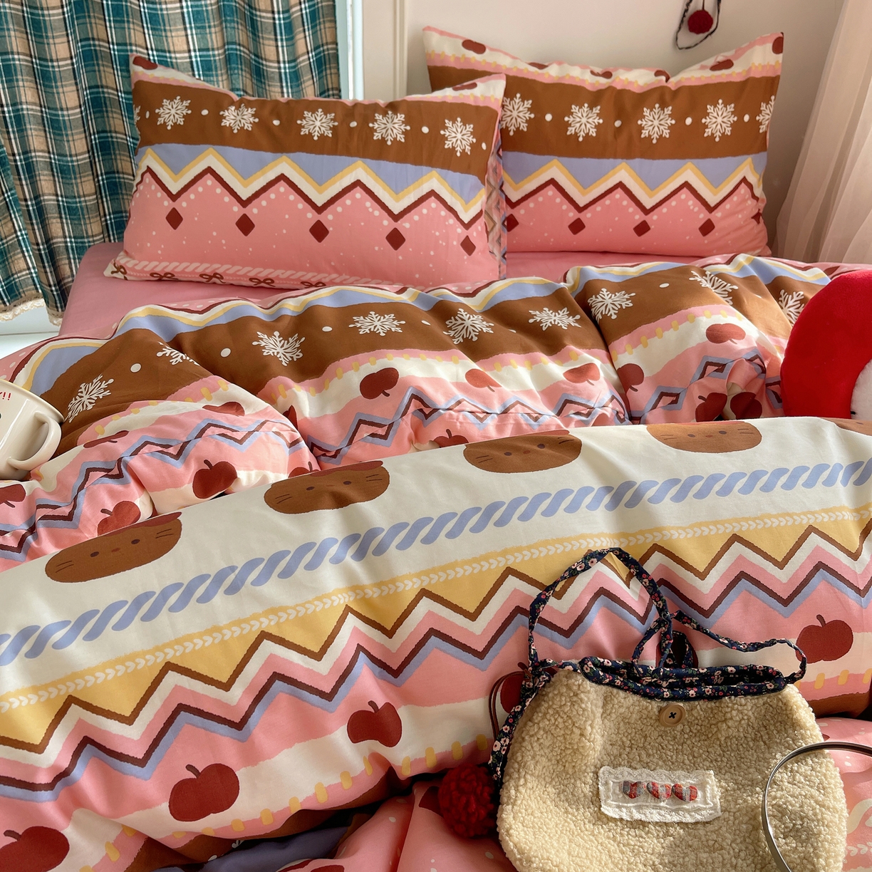 91家纺网 家纺一手货源 找家纺 瑞莱 2026新款ing小清新费尔岛全棉四件套 甜美喵喵