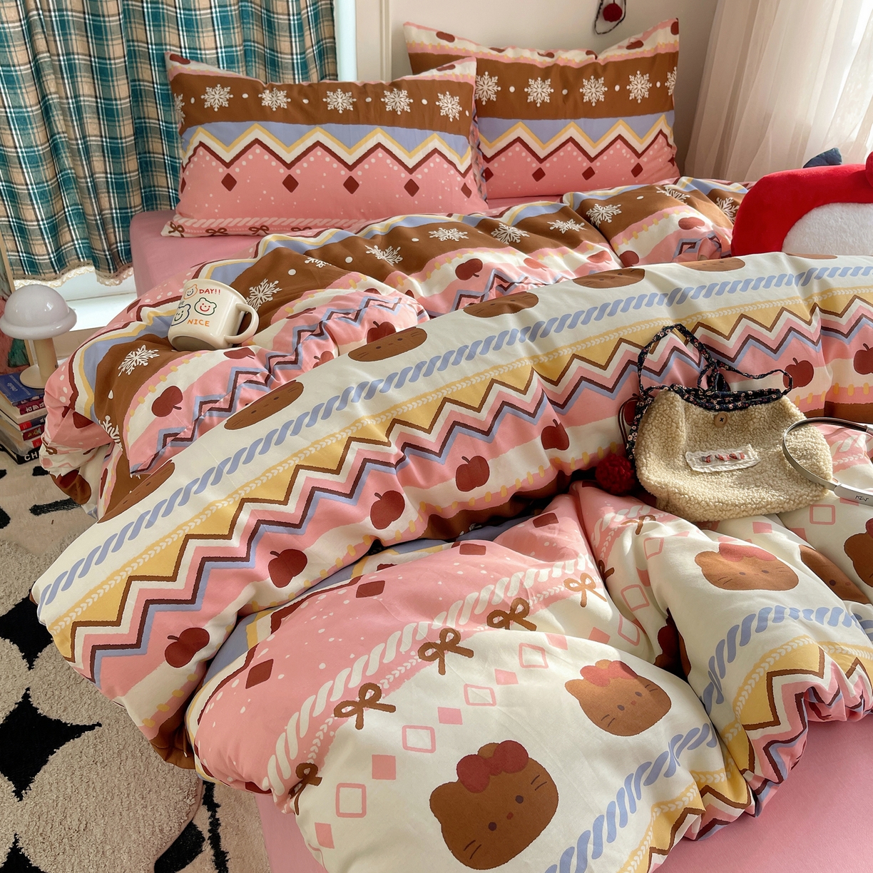 91家纺网 家纺一手货源 找家纺 瑞莱 2026新款ing小清新费尔岛全棉四件套 甜美喵喵