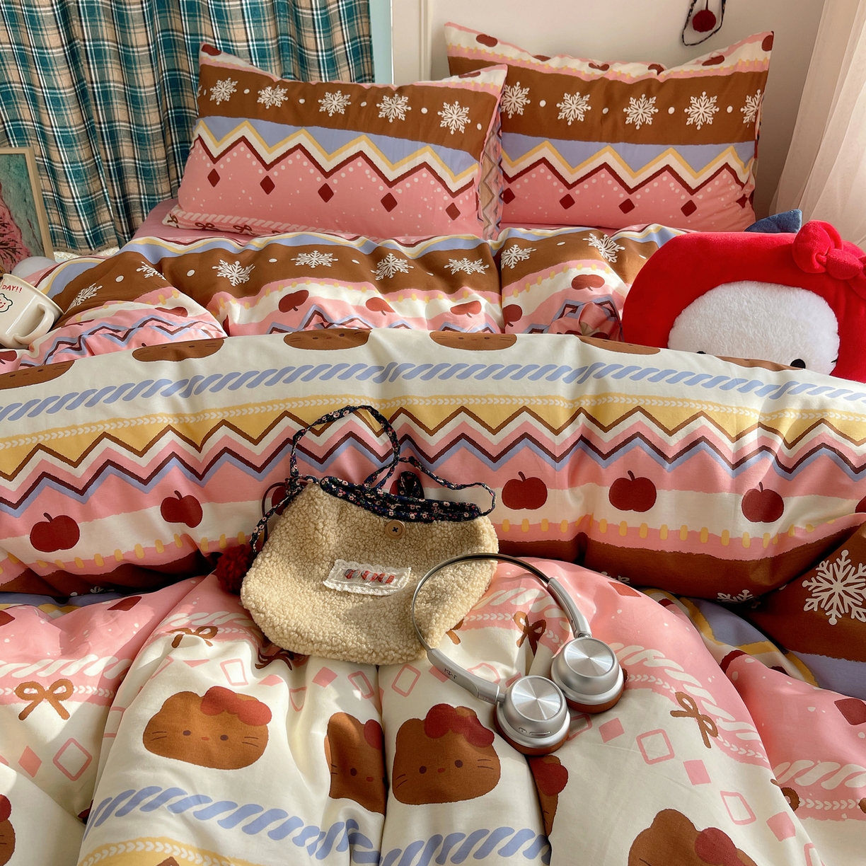 91家纺网 家纺一手货源 找家纺 瑞莱 2026新款ing小清新费尔岛全棉四件套 甜美喵喵