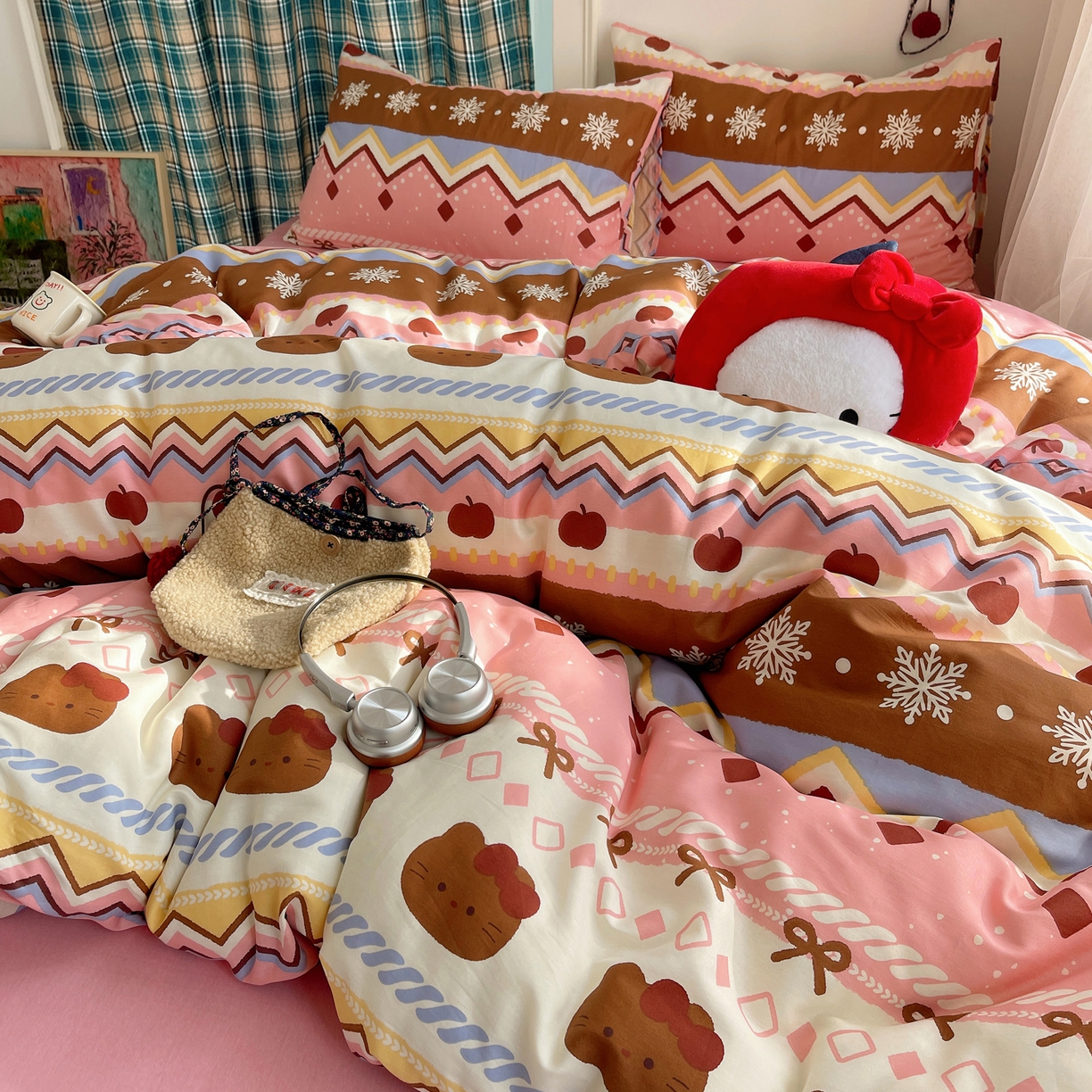 91家纺网 家纺一手货源 找家纺 瑞莱 2026新款ing小清新费尔岛全棉四件套 甜美喵喵