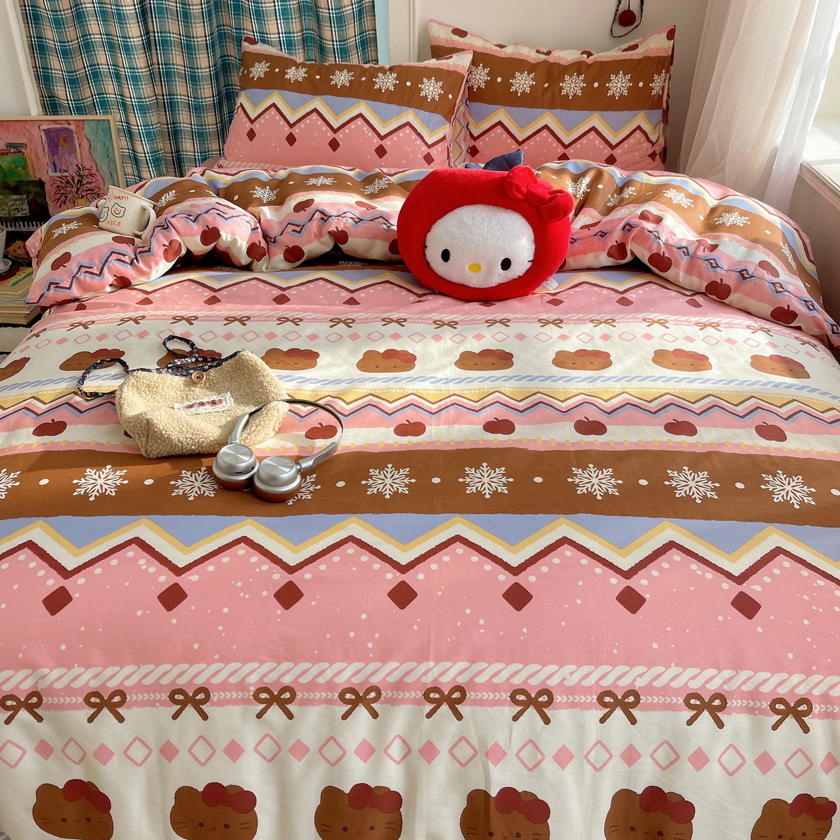 91家纺网 家纺一手货源 找家纺 瑞莱 2026新款ing小清新费尔岛全棉四件套 甜美喵喵