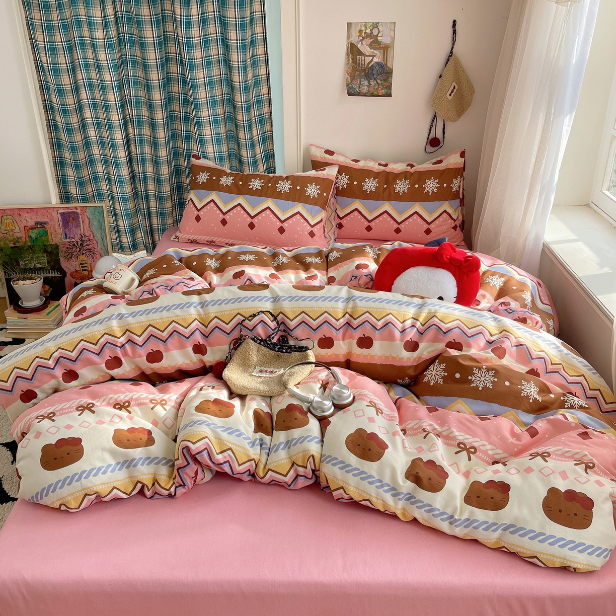 91家纺网 家纺一手货源 找家纺 瑞莱 2026新款ing小清新费尔岛全棉四件套 甜美喵喵