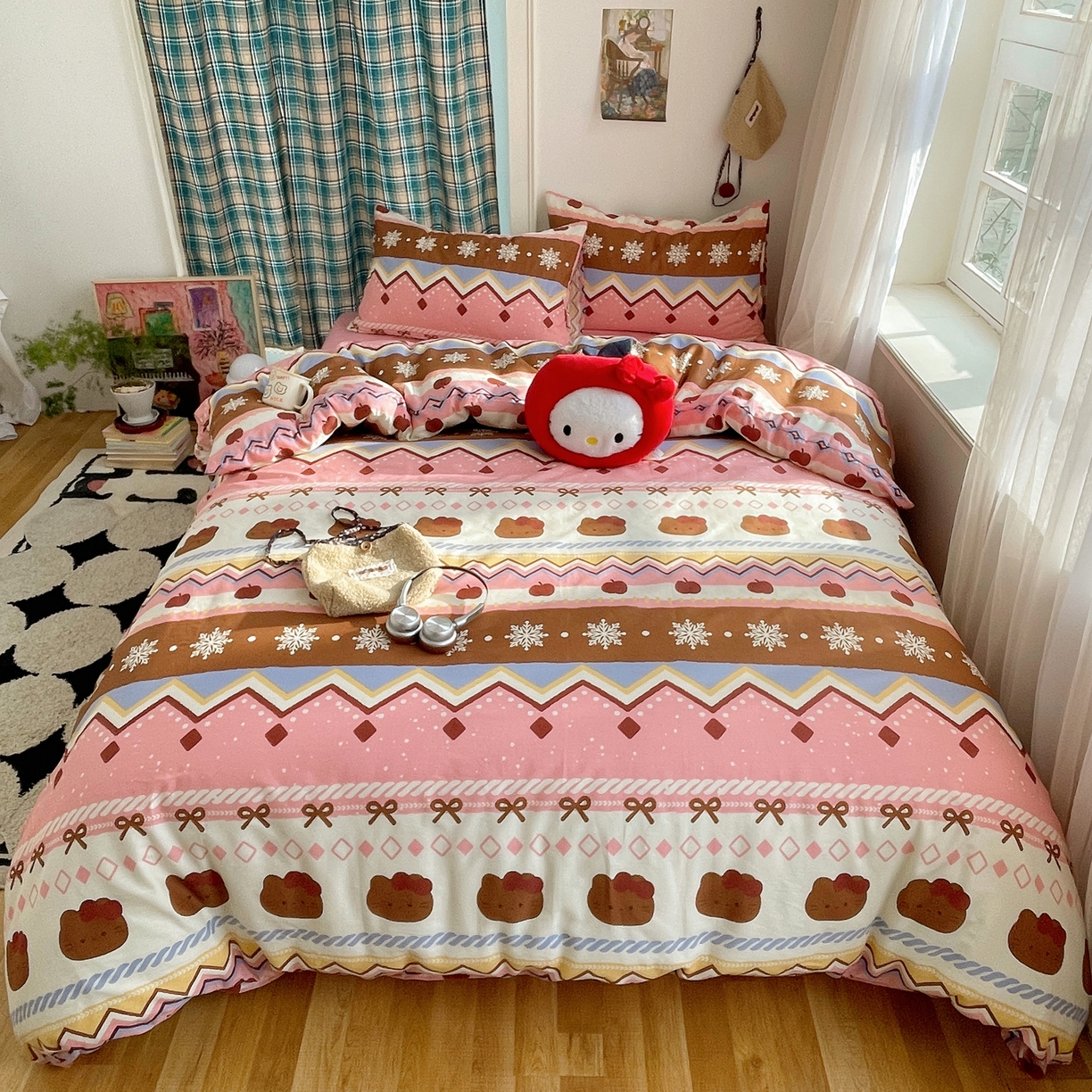 91家纺网 家纺一手货源 找家纺 瑞莱 2026新款ing小清新费尔岛全棉四件套 甜美喵喵