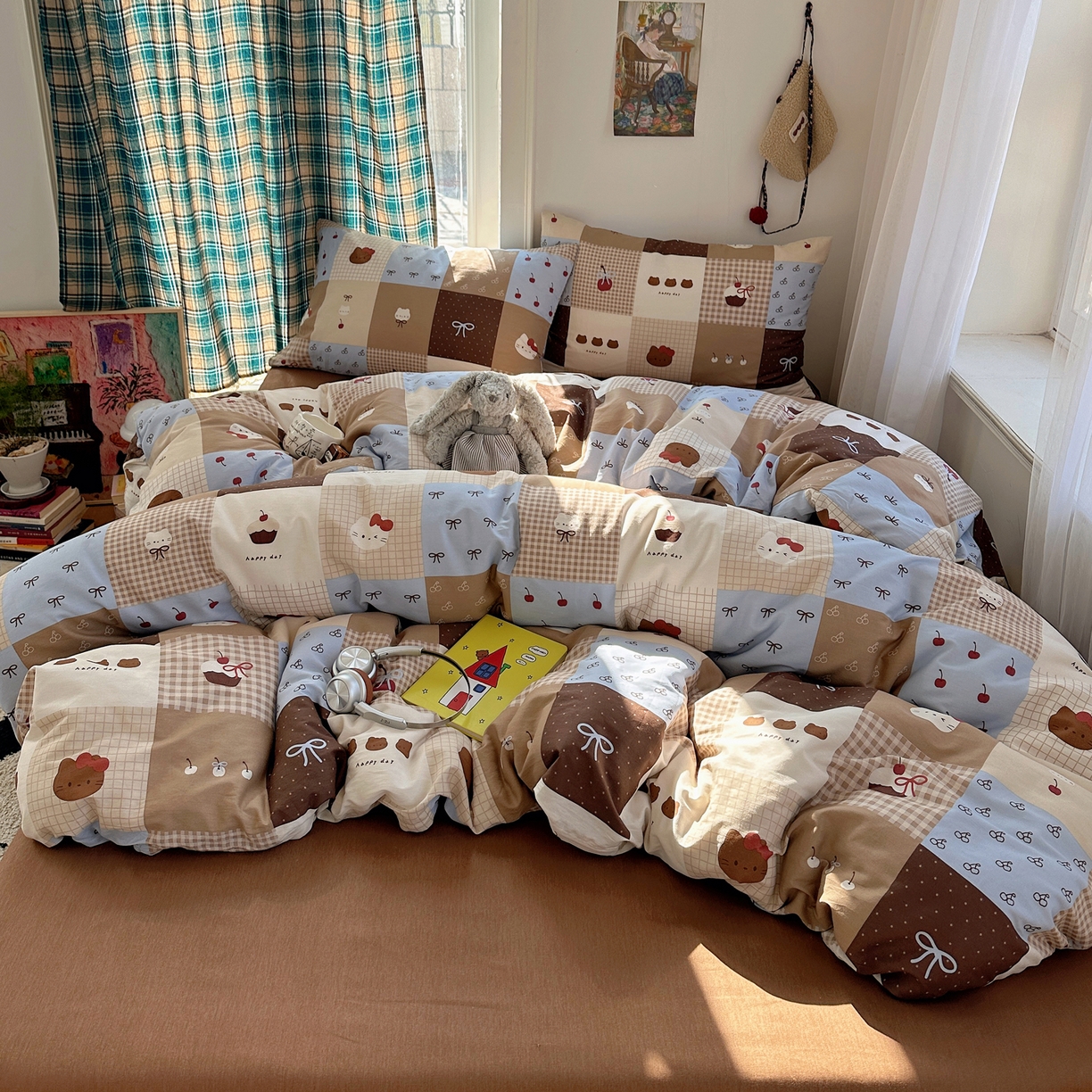 91家纺网 家纺一手货源 找家纺 瑞莱 2026新款ing小清新费尔岛全棉四件套 巧克力猫咪