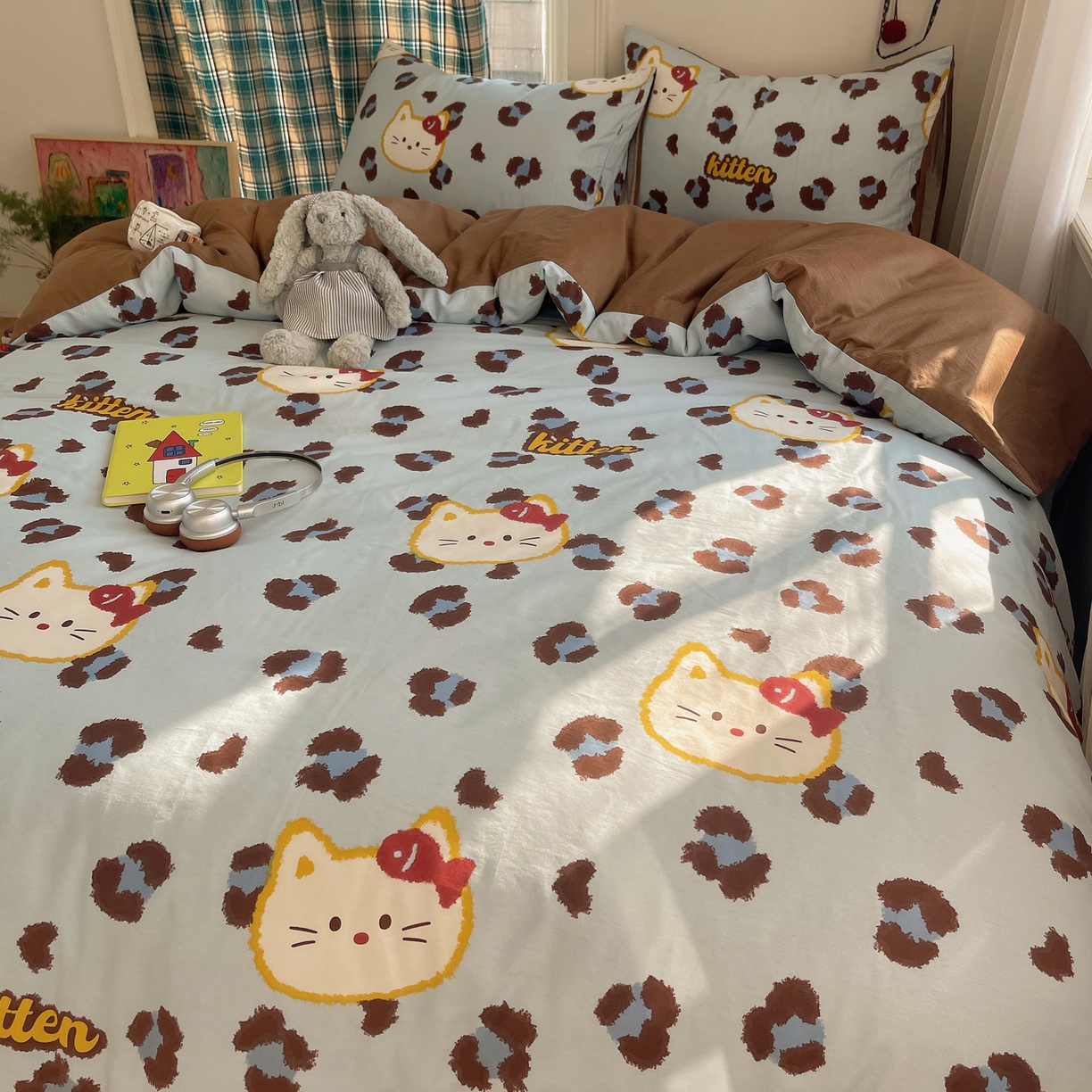 91家纺网 家纺一手货源 找家纺 瑞莱 2026新款ing小清新费尔岛全棉四件套 猫吃鱼（蓝）