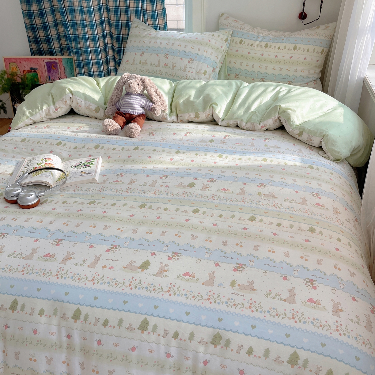 91家纺网 家纺一手货源 找家纺 瑞莱 2026新款ing小清新费尔岛全棉四件套 田园小兔