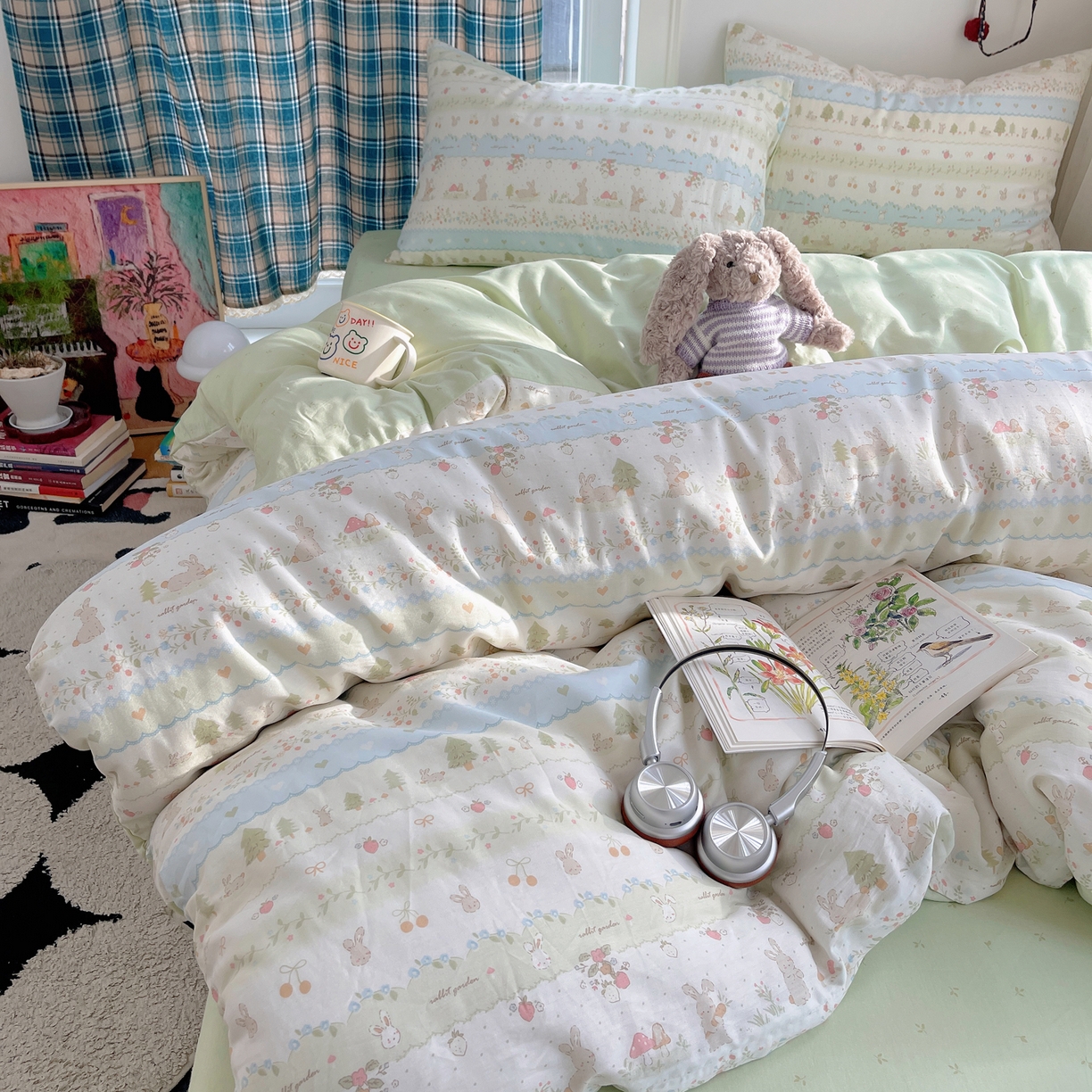 91家纺网 家纺一手货源 找家纺 瑞莱 2026新款ing小清新费尔岛全棉四件套 田园小兔