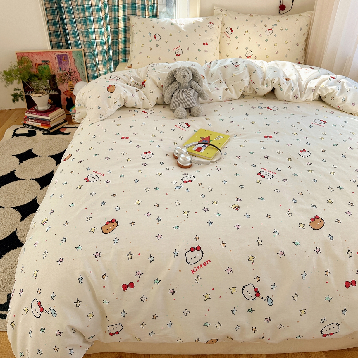 91家纺网 家纺一手货源 找家纺 瑞莱 2026新款ing小清新费尔岛全棉四件套 星星凯蒂猫