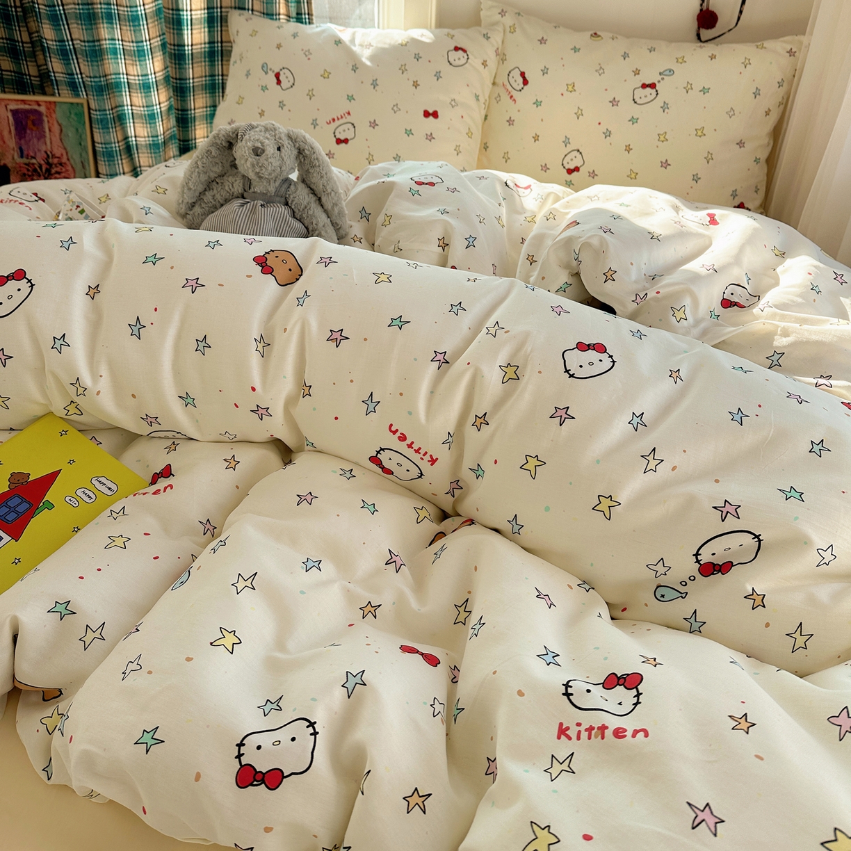 91家纺网 家纺一手货源 找家纺 瑞莱 2026新款ing小清新费尔岛全棉四件套 星星凯蒂猫