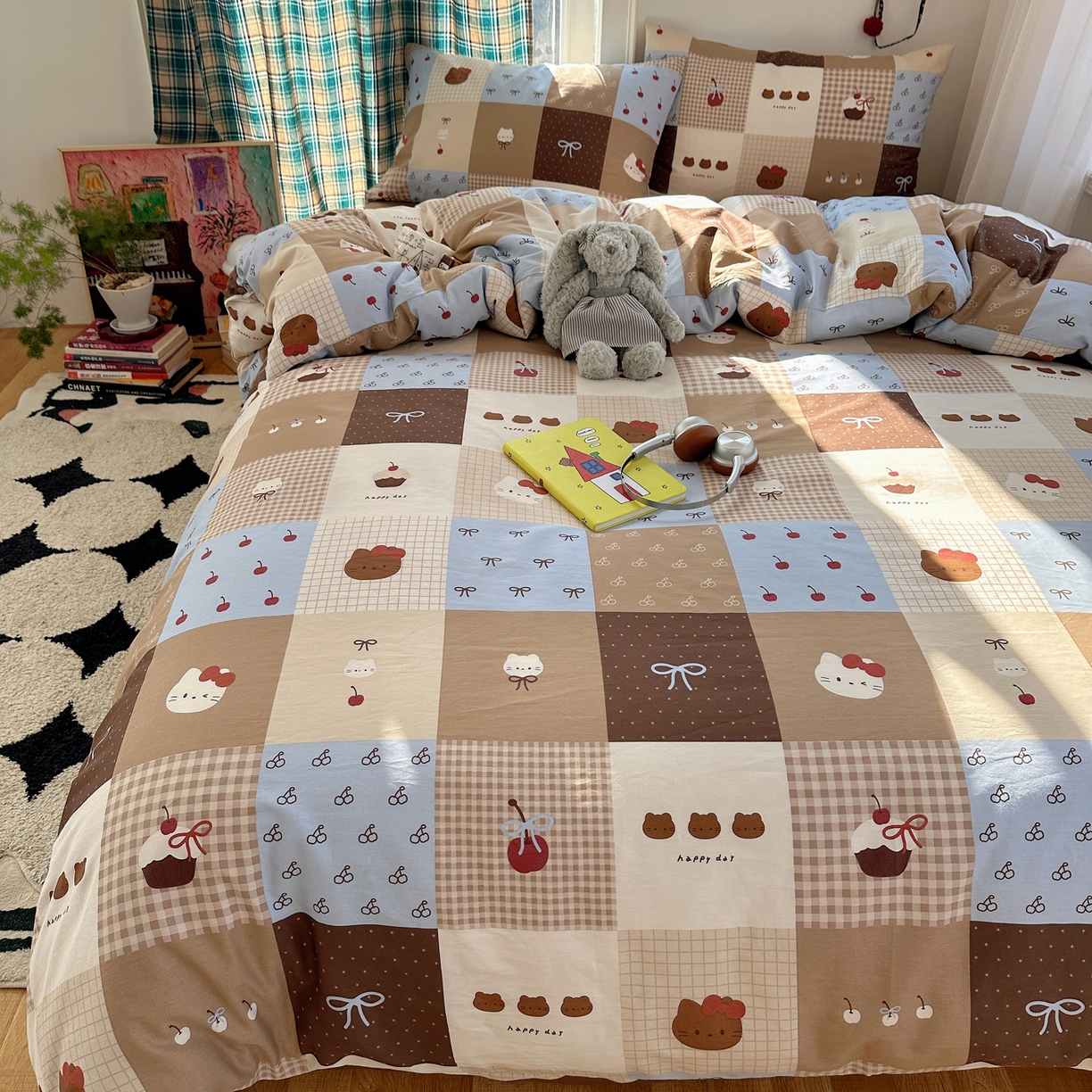 91家纺网 家纺一手货源 找家纺 瑞莱 2026新款ing小清新费尔岛全棉四件套 巧克力猫咪