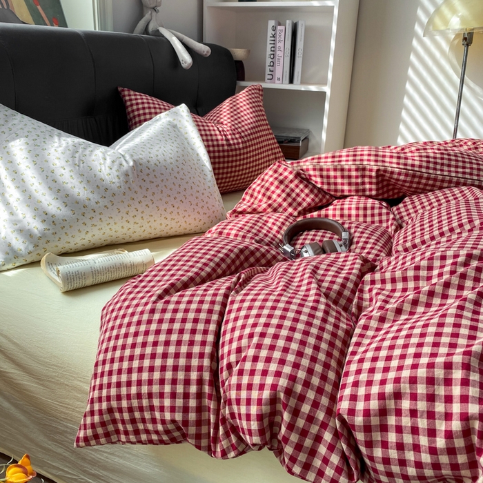 91家纺网 家纺一手货源 找家纺 （总）对白 2026新款ins风全棉色织水洗棉纯棉简约极简格子系列四件套-草莓奶昔【提供买家秀】