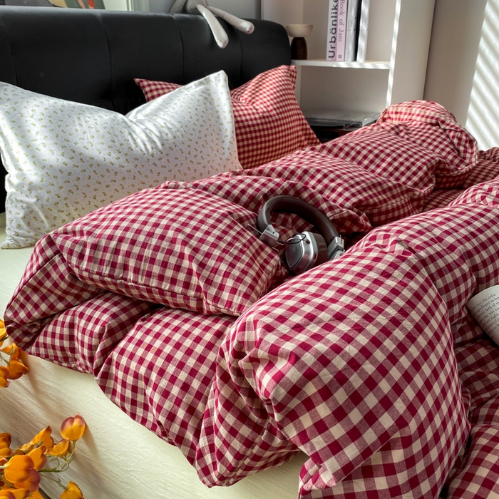 91家纺网 家纺一手货源 找家纺 （总）对白 2026新款ins风全棉色织水洗棉纯棉简约极简格子系列四件套-草莓奶昔【提供买家秀】