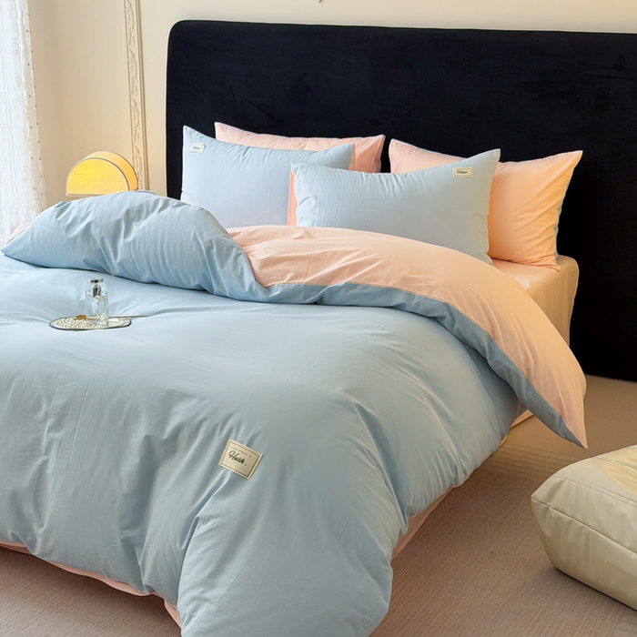 91家纺网 家纺一手货源 找家纺 木子家纺 2026新款高支高密全棉纯棉双拼纯色四件套 蓝霜莲雾新