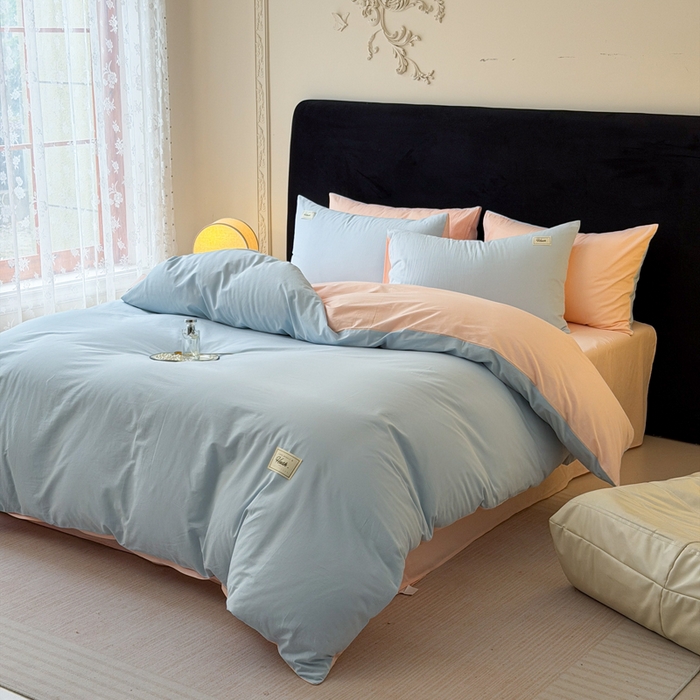 91家纺网 家纺一手货源 找家纺 木子家纺 2026新款高支高密全棉纯棉双拼纯色四件套 蓝霜莲雾新