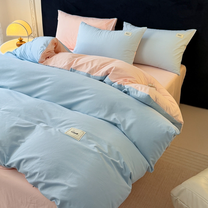 91家纺网 家纺一手货源 找家纺 木子家纺 2026新款高支高密全棉纯棉双拼纯色四件套 蓝霜莲雾新