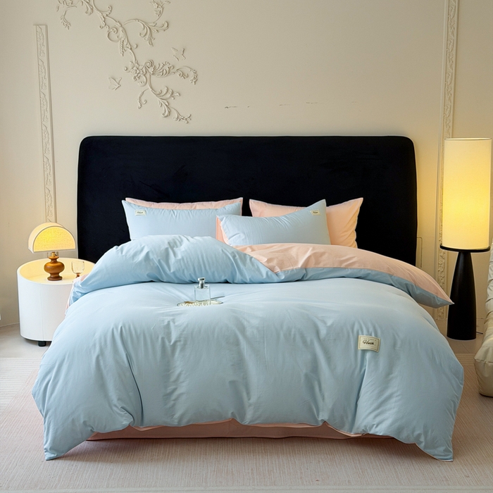 91家纺网 家纺一手货源 找家纺 木子家纺 2026新款高支高密全棉纯棉双拼纯色四件套 蓝霜莲雾新