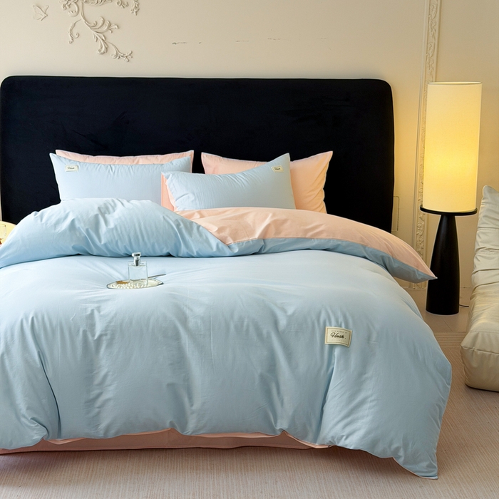 91家纺网 家纺一手货源 找家纺 木子家纺 2026新款高支高密全棉纯棉双拼纯色四件套 蓝霜莲雾新