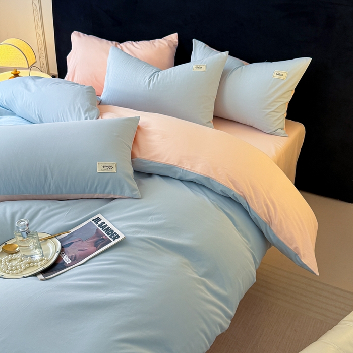 91家纺网 家纺一手货源 找家纺 木子家纺 2026新款高支高密全棉纯棉双拼纯色四件套 蓝霜莲雾新