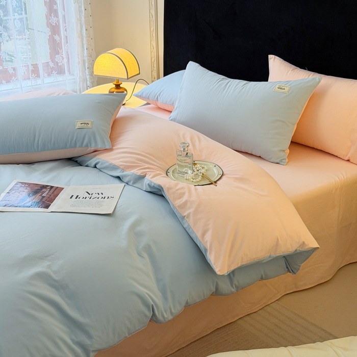 91家纺网 家纺一手货源 找家纺 木子家纺 2026新款高支高密全棉纯棉双拼纯色四件套 蓝霜莲雾新