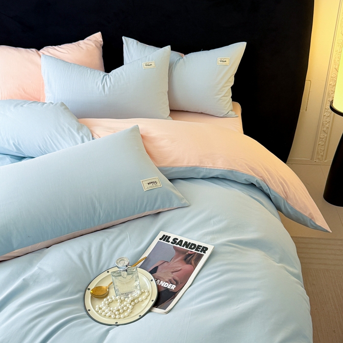 91家纺网 家纺一手货源 找家纺 木子家纺 2026新款高支高密全棉纯棉双拼纯色四件套 蓝霜莲雾新