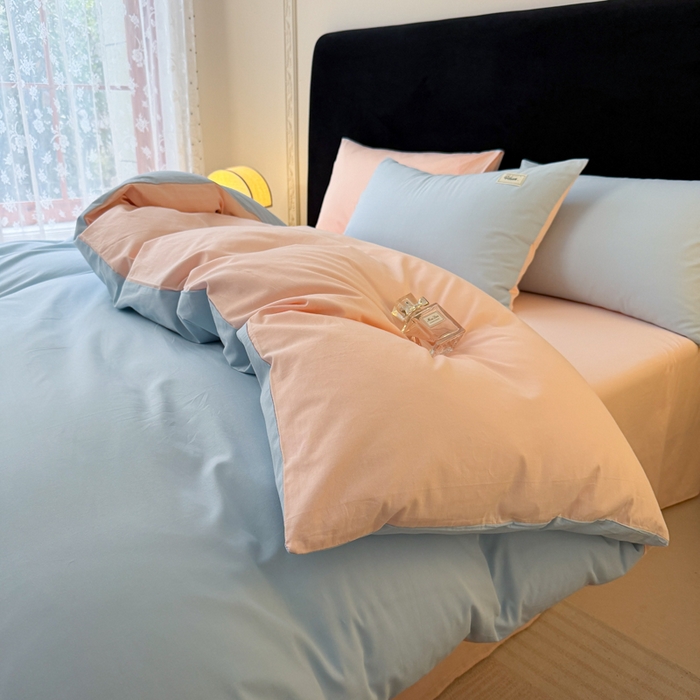 91家纺网 家纺一手货源 找家纺 木子家纺 2026新款高支高密全棉纯棉双拼纯色四件套 蓝霜莲雾新